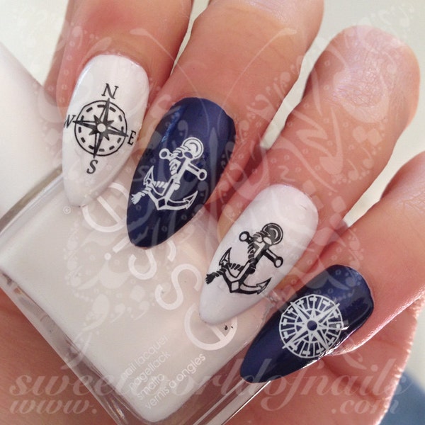 Nail Art noir ou blanc ancre boussole ongles eau décalcomanies transferts enveloppes