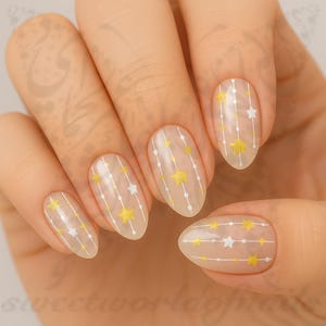 Gold and White Star Nail Stickers – Celestial String Nail Art Decals | Starry Night Design for Gel, Acrylic & Press-On Nails
