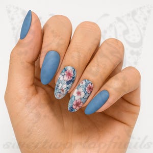 Blue & Pink Floral Nail Stickers – Vintage Flower Nail Art Decals | Elegant Botanical Nails
