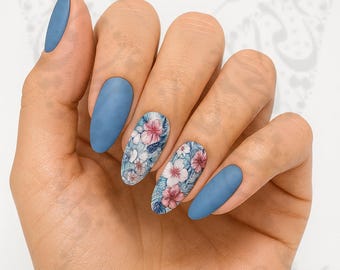 Blue & Pink Floral Nail Stickers – Vintage Flower Nail Art Decals | Elegant Botanical Nails