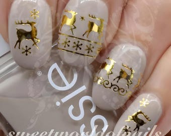 Christmas Nail Art Gold Reindeer and Snowflakes Water Decals