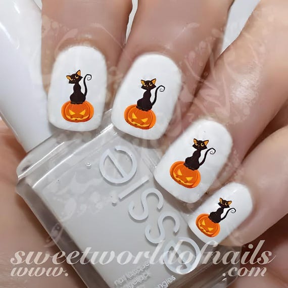 Halloween Nail Art Black cat sitting on pumpkin Decals