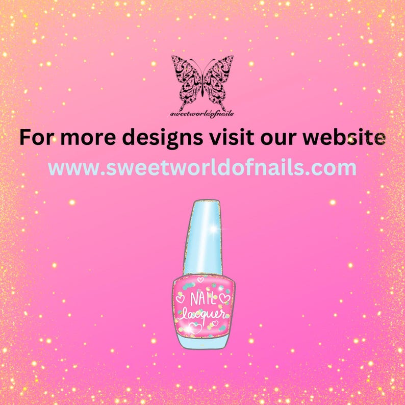以下が含まれることがあります： ピンク色の背景に蝶のグラフィックと「sweetworldofnails」の文字。ネイルポリッシュのボトルが特徴で、「NAIL lacquer」とハートのラベルが付いています。ウェブサイトのアドレスwww.sweetworldofnails.comも表示されています。
