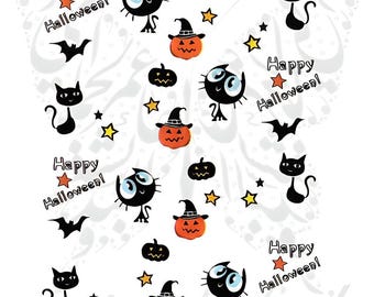 ハロウィンネイルデカール：猫とカボチャの水転写