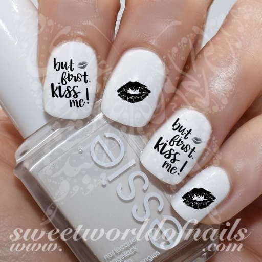 Valentine s day nail art but first kiss me nail water decals