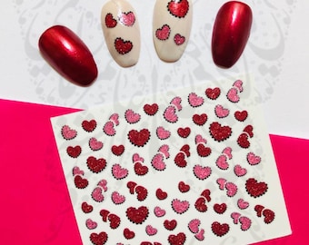 Valentine Day Nail Stickers Red Pink Glittery Hearts