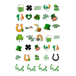 May include: A sheet of stickers featuring various St. Patrick's Day themed designs, including shamrocks, leprechauns, pots of gold, and the phrase "Happy St. Patrick's Day!"