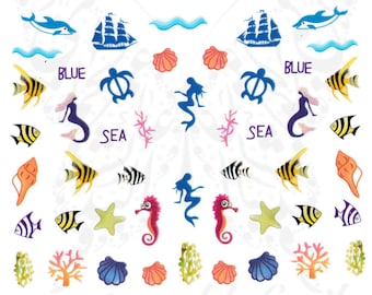 Stickers ongles d'été vie marine sirène poisson