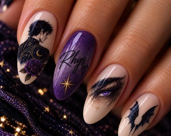 Calcomanías para uñas inspiradas en ACOTAR, diseño de uñas de Rhysand, uñas de la Corte Nocturna, uñas inspiradas en Velaris, calcomanías para uñas con temática de libros de fantasía, regalo para amantes de los libros