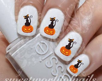 Halloween Nail Art Black cat sitting on Halloween pumpkin Decals Transfers