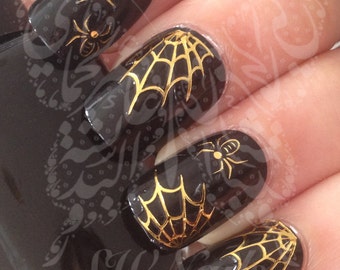 Halloween Nail Art Spider Web Gold Spider Water Decals Transfers Wraps