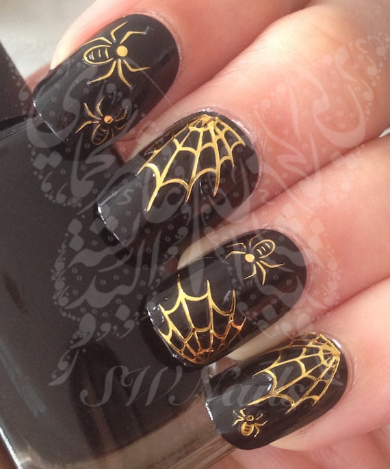 Halloween Nail Art Spider Web Gold Spider Water Decals Etsy