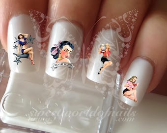 Adesivos de água para unhas de meninas pin-up