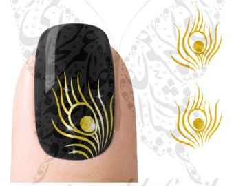 Gold Peacock Feathers Nail Water Decals Transfers Wraps