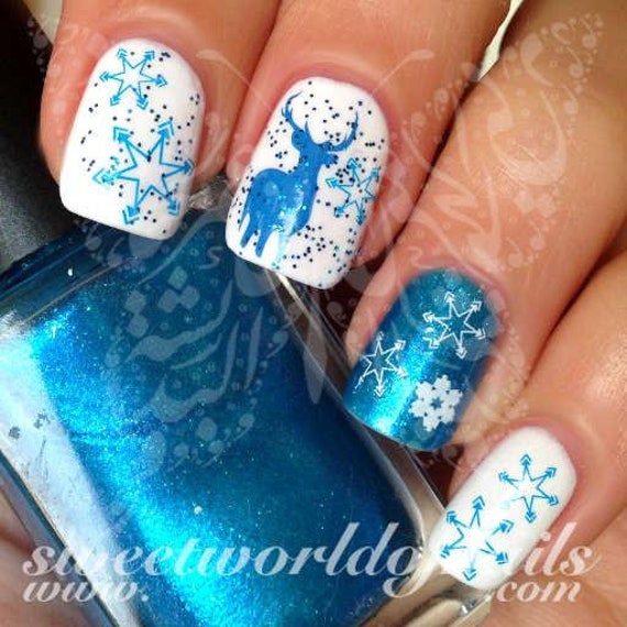 Christmas Nail Art Blue and White Snowflakes Blue Reindeer Water Decals -   UK