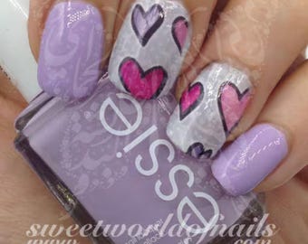 Valentine's Day Nail Art Purple Pink Hearts Full Wraps