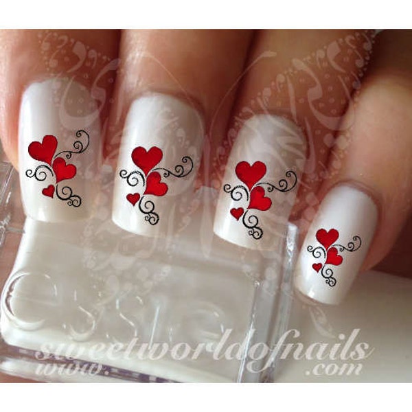 Saint-Valentin Nail Art Cœurs rouges et tourbillons Nail Water Decals Wraps