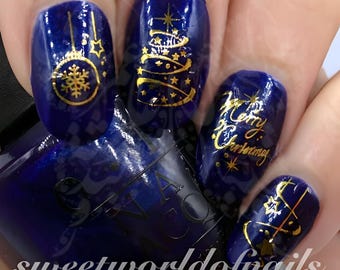 Christmas Nail Art Gold Merry Christmas Tree Light Water Decals