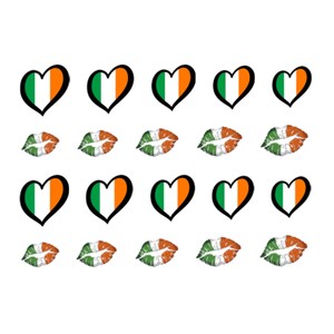 May include: A sheet of nail decals featuring Irish flag designs in the shape of hearts and lips. The decals are green, white, and orange.