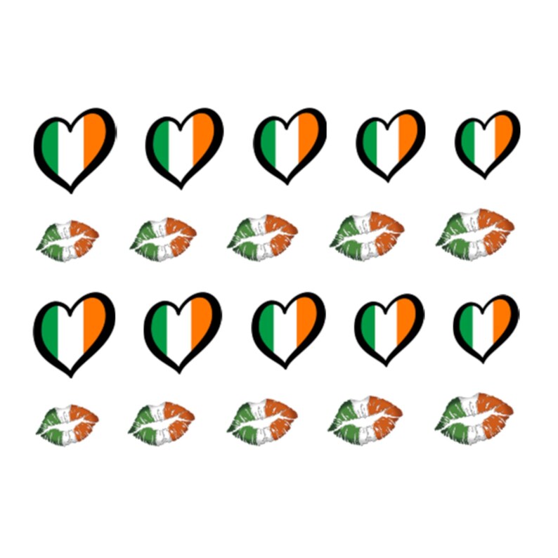 May include: A sheet of nail decals featuring Irish flag designs in the shape of hearts and lips. The decals are green, white, and orange.