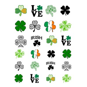 May include: A collection of 20 green shamrock designs, some with the Irish flag, and the words "Love" and "Irish" repeated.
