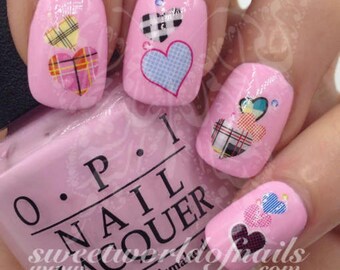 Valentine's Day Nail Art Checkered Hearts Water Decals