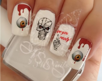 Arte de uñas de Halloween: Calaveras aterradoras, globo ocular, sangre, calcomanías de agua
