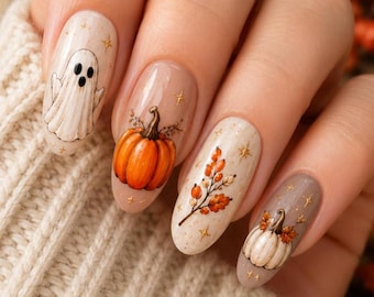 Adesivi per unghie a tema autunno/Halloween con effetto acqua / Adesivi per nail art con fantasmi, zucche e foglie autunnali