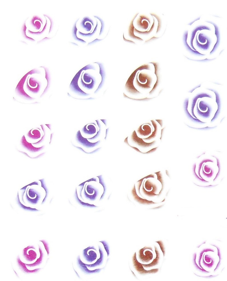 May include: A sheet of nail art stickers featuring 18 rose designs in three color variations: pink, purple, and brown. Each rose has a white outline and a swirl in the center.