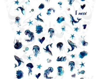 Metallic Whale Jellyfish Nail Stickers