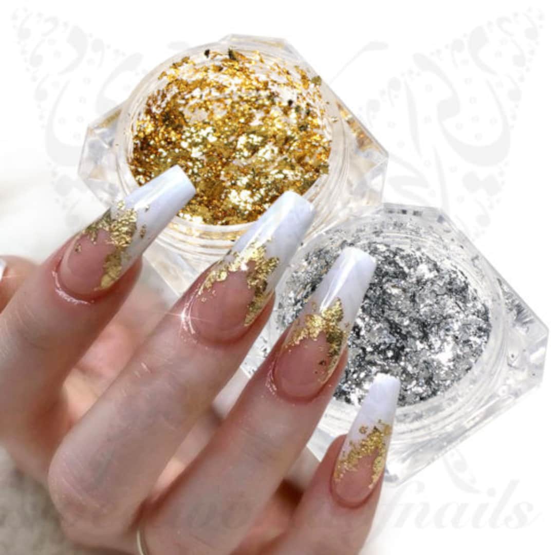 SkyAuks Foil Nail Glitter Chip Art Decoration, Manicure Nail Glitter Sequins, Foil Nail Paillette Chip, 3D DIY Nail Gems Decoration Gold Silver Flakes Acrylic