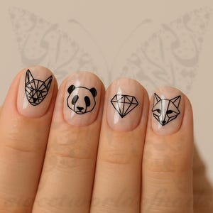 Minimalist Geometric Animal Nail Art Stickers – Panda, Fox & Diamond Designs | Black Line Art Nail Stickers