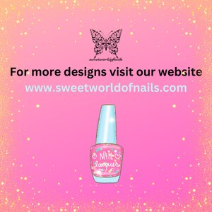 May include: A pink and blue nail polish bottle with a butterfly design and the text "Sweetworldofnails" and "Nail Lacquer" on the bottle. The background is a pink and gold glitter design. For more designs visit our website www.sweetworldofnails.com