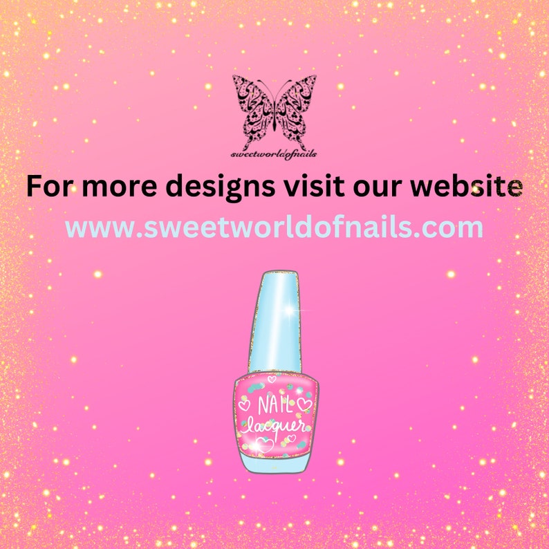 May include: A pink and blue nail polish bottle with a butterfly design and the text "Sweetworldofnails" and "Nail Lacquer" on the bottle. The background is a pink and gold glitter design. For more designs visit our website www.sweetworldofnails.com