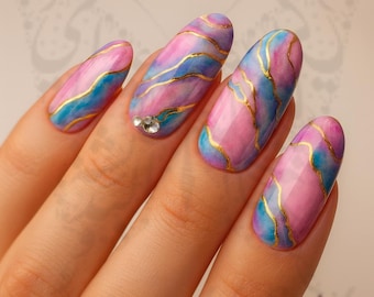 Pink & Blue Marble Nail Stickers – Gold Vein Watercolor Effect Decals