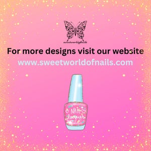May include: Pink and blue nail polish bottle with a heart and the words "Nail Lacquer" on the label. The background is pink with gold glitter. The text "For more designs visit our website www.sweetworldofnails.com" is at the top of the image.