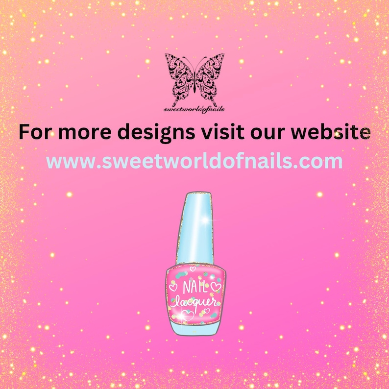 May include: Pink and blue nail polish bottle with a heart and the words "Nail Lacquer" on the label. The background is pink with gold glitter. The text "For more designs visit our website www.sweetworldofnails.com" is at the top of the image.