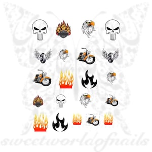 Motorcycle Skull Flames Nail Art Water Decals