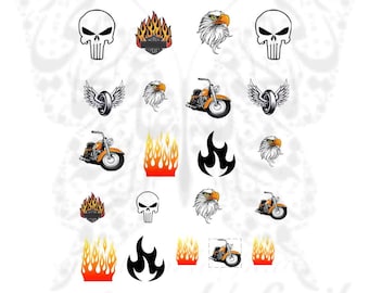 Decalcomanie per nail art con fiamme e teschio da motocicletta