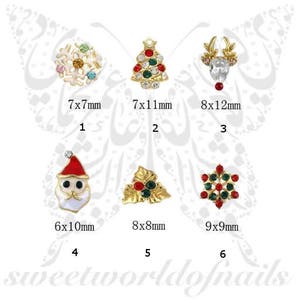 May include: A collection of six Christmas-themed nail art charms. The charms include a snowflake, Christmas tree, reindeer, Santa Claus, holly leaves, and another snowflake. Each charm is gold-toned with colorful accents and various dimensions, ranging from 6x10mm to 9x9mm.