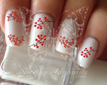 Red Cherry Blossoms Japanese Tree Sakura  Nail Water Decals