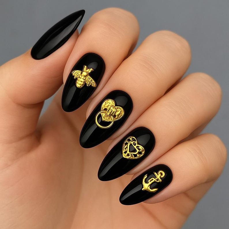 Gold Metal Nail Charms – Bee, Anchor, Heart & Ring 3D Nail Art | Luxe Metallic Nail Decorations | Nail Accessories