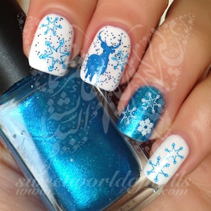 Christmas Nail Art blue and white snowflakes Blue reindeer Water Decals