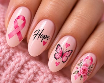 Nagelsticker zur Brustkrebsvorsorge, Nageldesign mit rosa Schleife, Oktober-Nägel, Nagelsticker für Überlebende der Hoffnung, rosa Nägel zur Krebsvorsorge
