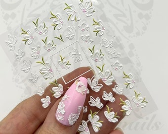 Adesivi per unghie con foglie di fiori rosa bianchi in rilievo 5D