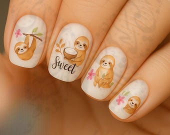 Calcomanías de agua para uñas con adorables perezosos: Arte de uñas con animales de la selva