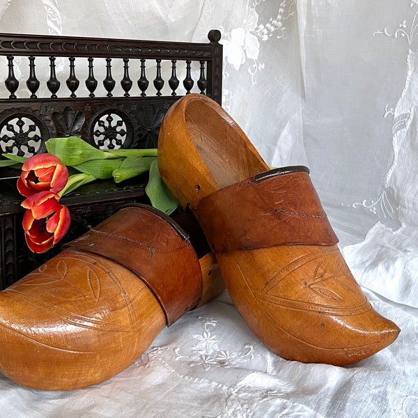 Vintage 1960's FRENCH Sabots, Clogs, Shoes, Heavy, Hard Wood, Large Size, Embossed Leather Straps, France, French Country, Leaves, Folklore