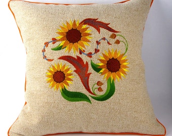 embroidered pillow, throw pillow cover, decorative cushion, machine embroidery, floral pillow cover,  nature gift, Jacobean sunflower,