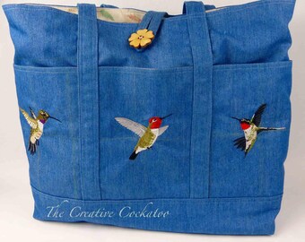 large embroidered tote bag, diaper bag, 3 hummingbirds, bird lover's gift, nature gift, ruby-throated, Anna's, black-chinned, blue denim