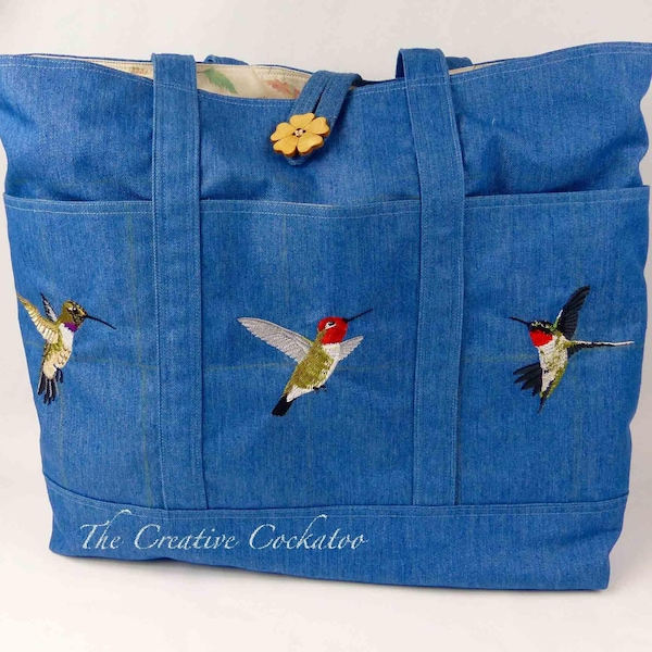 duża haftowana torba na ramię, torba na pieluchy, 3 kolibry, prezent dla miłośnika ptaków, prezent natury, rubinowe gardło, Anna, czarny podbródek, niebieski dżins